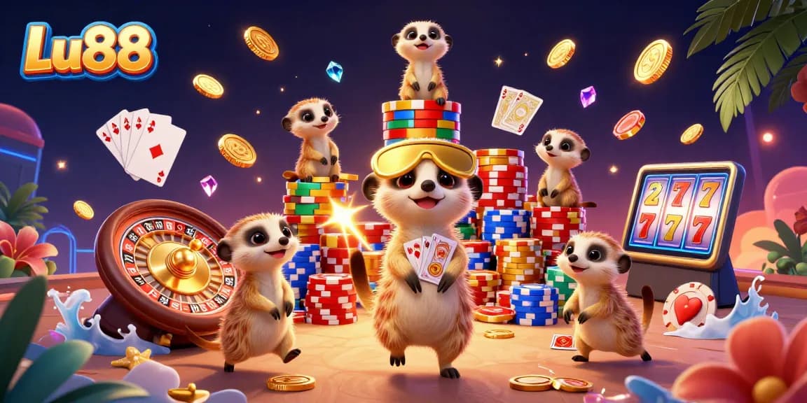 Lu88 casino scene with meerkats operating a lively gambling game surrounded by golden coins and poker chips