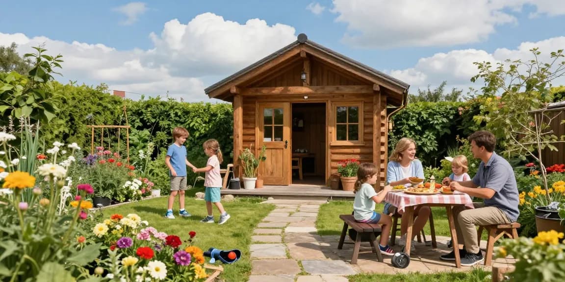 Attraktives Gartenhaus umgeben von bunten Blumen und spielenden Kindern im Garten.