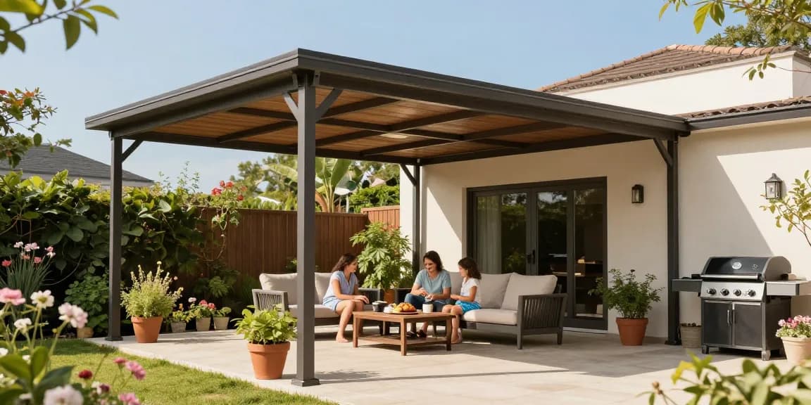 Familie entspannt unter einer freistehenden Terrassenüberdachung im Garten, komfortables Mobiliar und blühende Pflanzen umgeben sie.