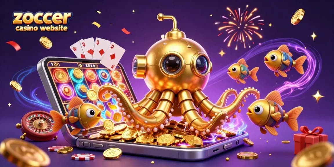 Engage with the zoccer casino website illustration showcasing a golden kraken submarine amidst casino elements.