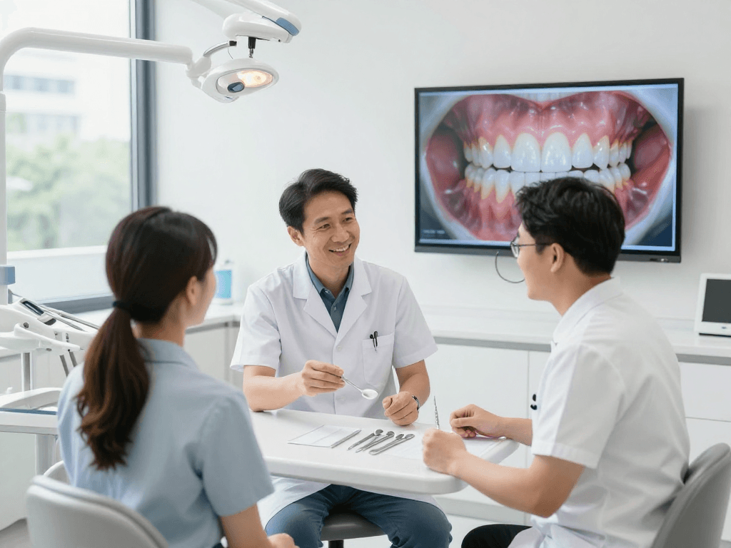Moderne Kieferorthopädie-Sitzung mit Patient, digitale Behandlungserklärung