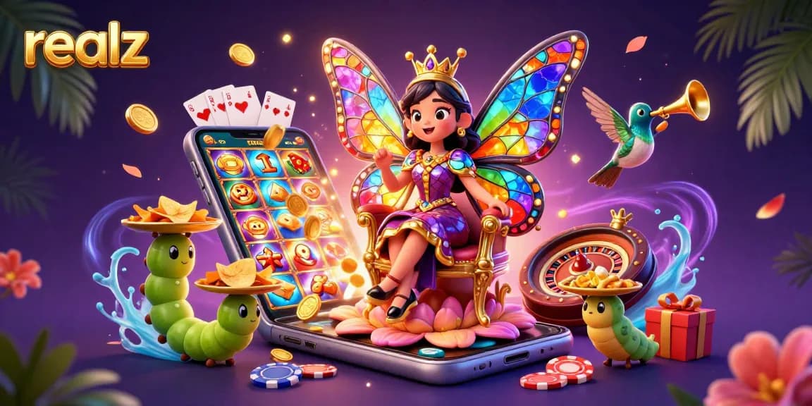 Engage with realz casino magic in this vibrant 3D scene featuring slot games and unique characters.