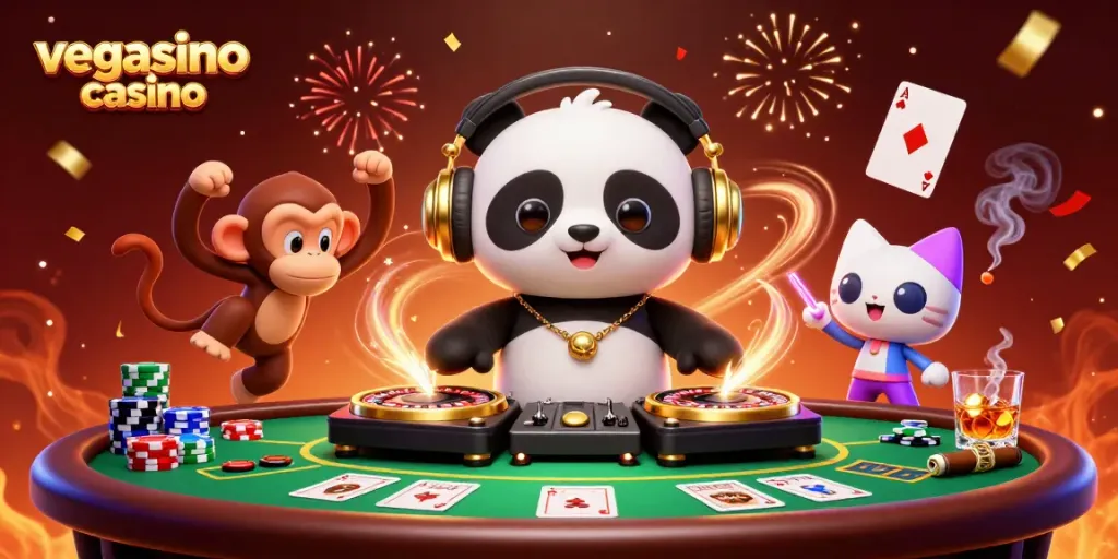 Engage in exciting gameplay at vegasino casino with a DJ panda and dancing characters in a vibrant atmosphere.