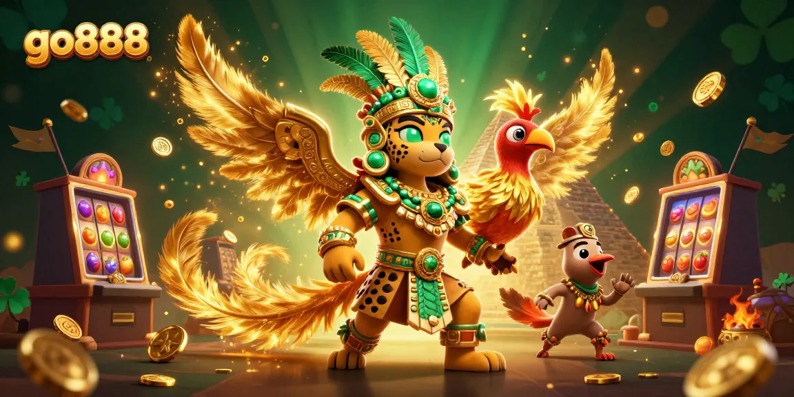 Experience the thrill of go888 with a vibrant casino scene featuring a jaguar priest and slot machines.
