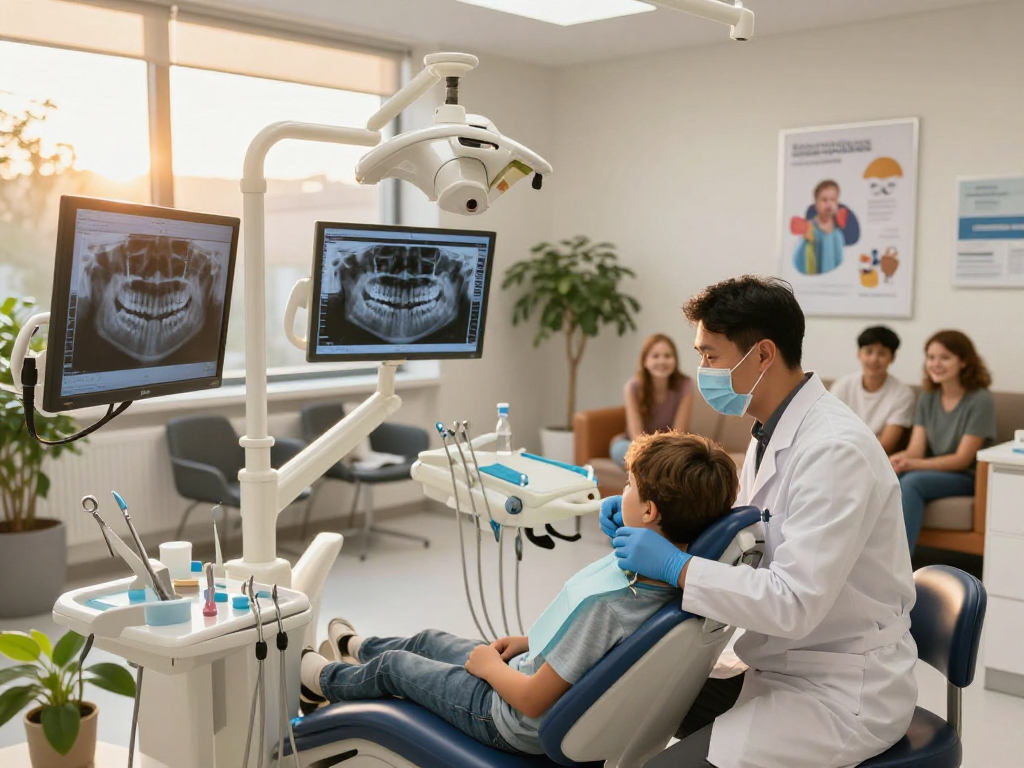 Orthodontist discussing treatment with a patient highlighting Kieferorthopädie in a modern clinic setting.
