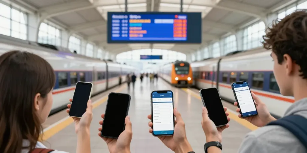 Freunde planen eine Reise mit der besten Website zum Buchen von Zugtickets im Bahnhof.