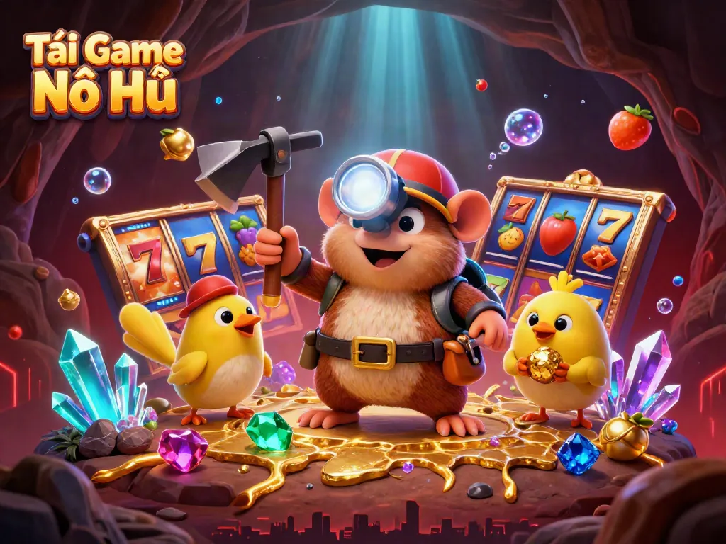 Engage in Tải Game Nổ Hũ with vibrant slot reels, lucky symbols, and dynamic characters.