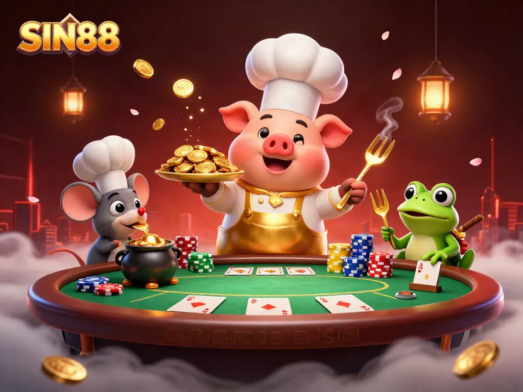 SIN88 showcases a vibrant scene with a pig chef serving gold coins, poker elements, and animated characters in a festive casino atmosphere.
