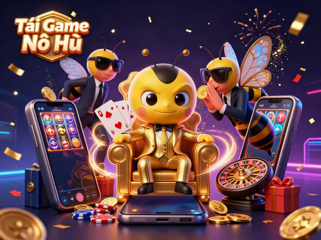 Play Tải Game Nổ Hũ with vibrant slot graphics, characters, and exploding coins in a fun casino scene.