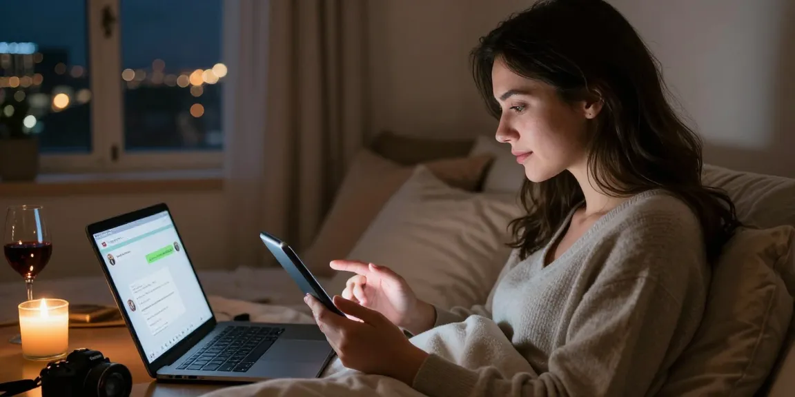 Engaging in free ai sex chat on a tablet in a cozy bedroom setting.