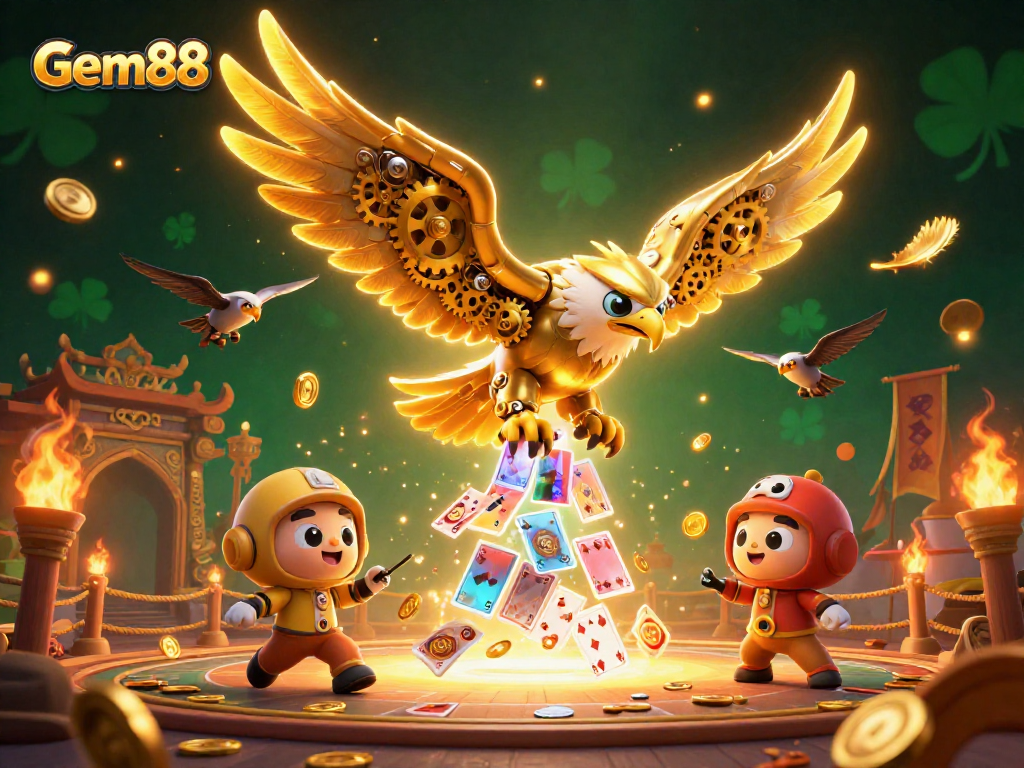 Experience Gem88's excitement with a thrilling 3D battle of holographic cards and a golden eagle!