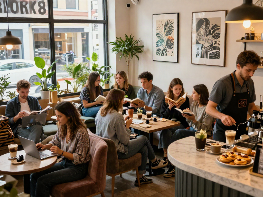 Friends enjoying coffee and conversation at ROKOK88 café, creating a cozy urban atmosphere.