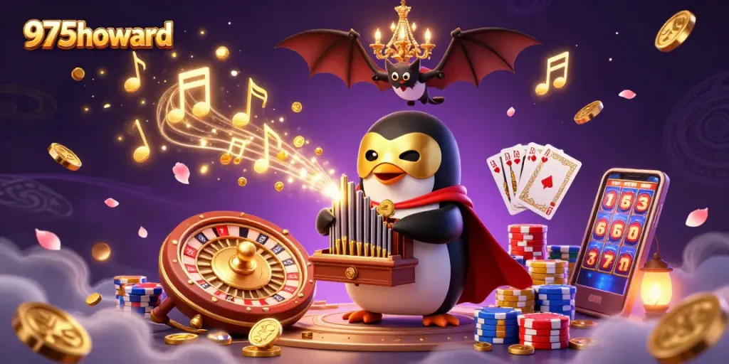 Engage with dynamic casino magic at 975howard featuring a whimsical penguin and vibrant gaming elements.