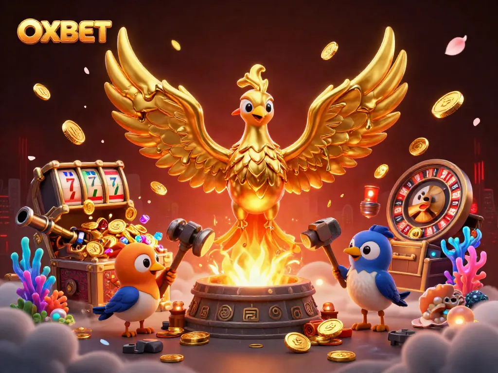 Experience the vibrant OXBET gaming world with dynamic golden phoenix and rich casino elements.