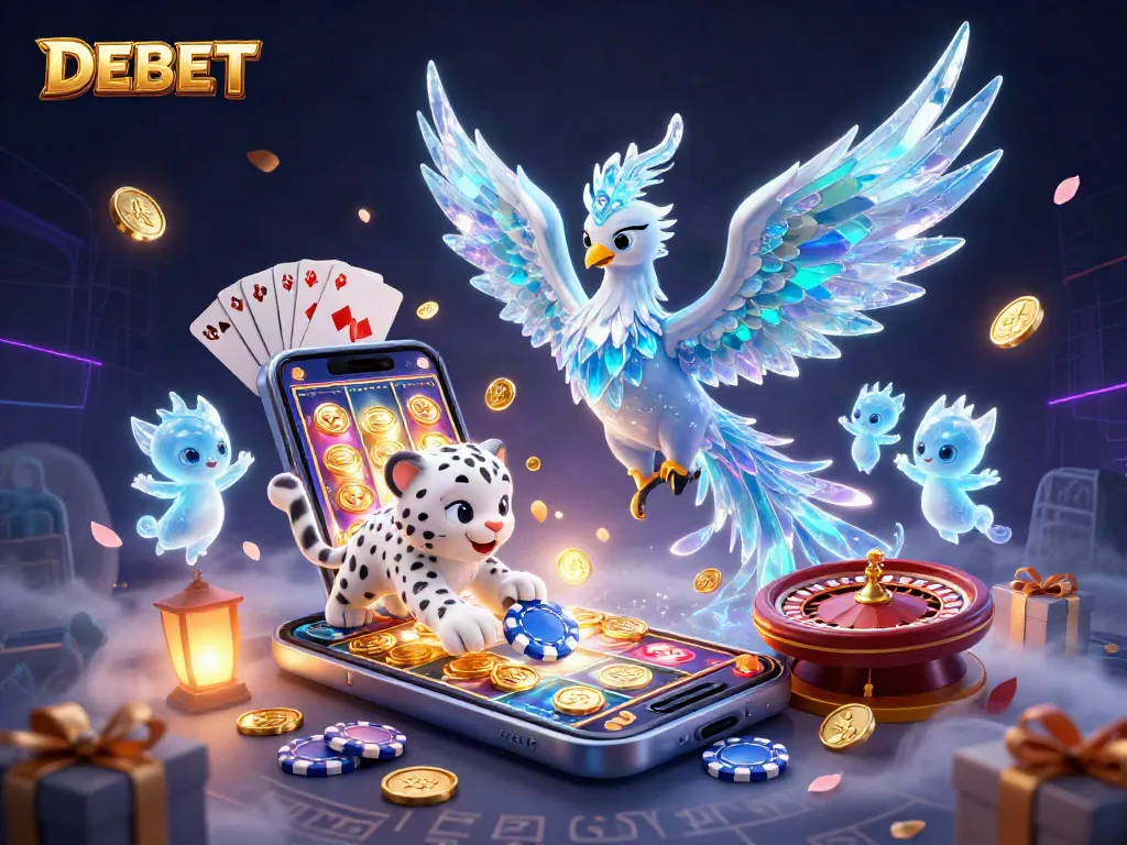 Experience DEBET's thrilling gaming world with a vibrant illustration of fantasy characters and casino elements.