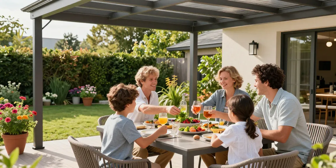 Terrassenüberdachungen im schönen Garten mit Familie bei einem Essen