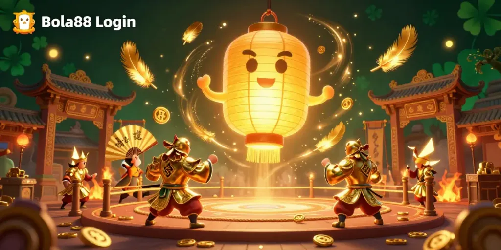 Experience the thrill of Bola88 Login with an enchanting casino scene featuring golden lantern spirits and dynamic elements.