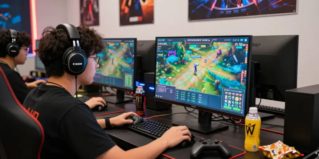 User engaged in ROKOK88 link login on a vibrant gaming setup with monitors and controllers.