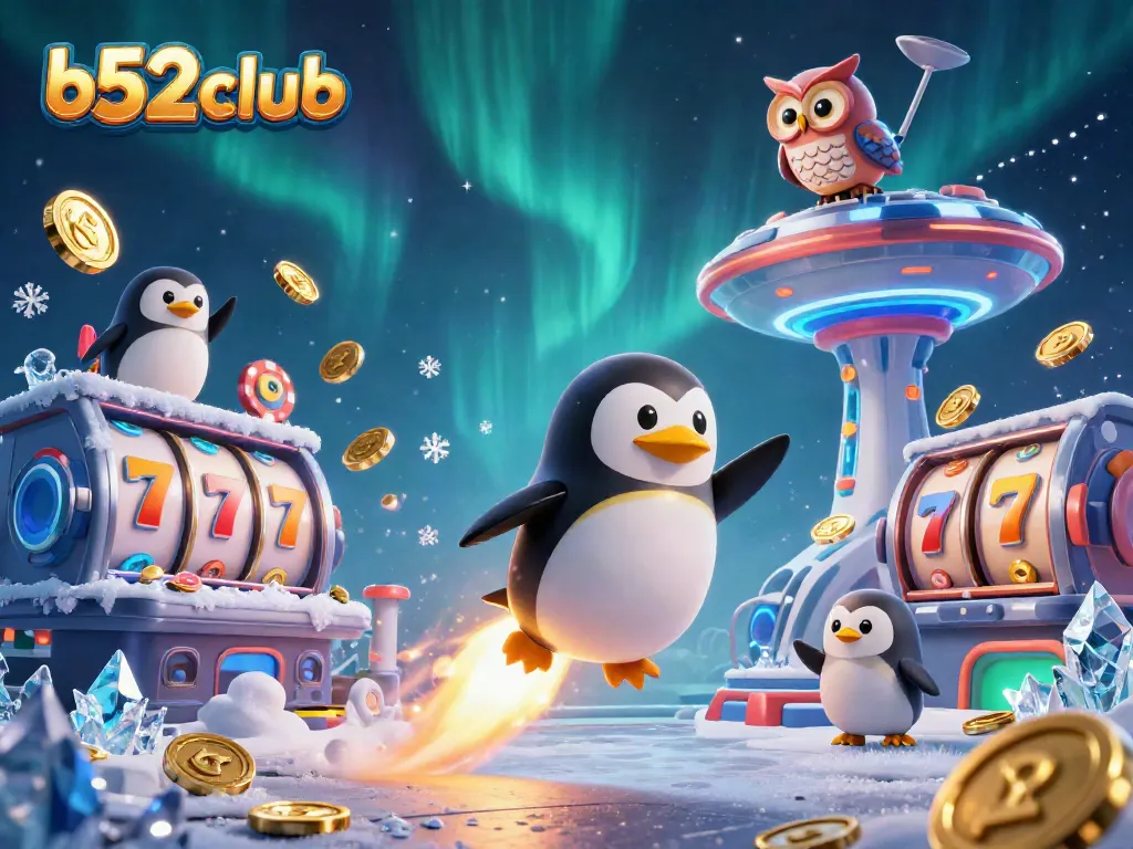 Experience excitement at b52club with a dynamic scene of a golden penguin and vibrant slot elements.