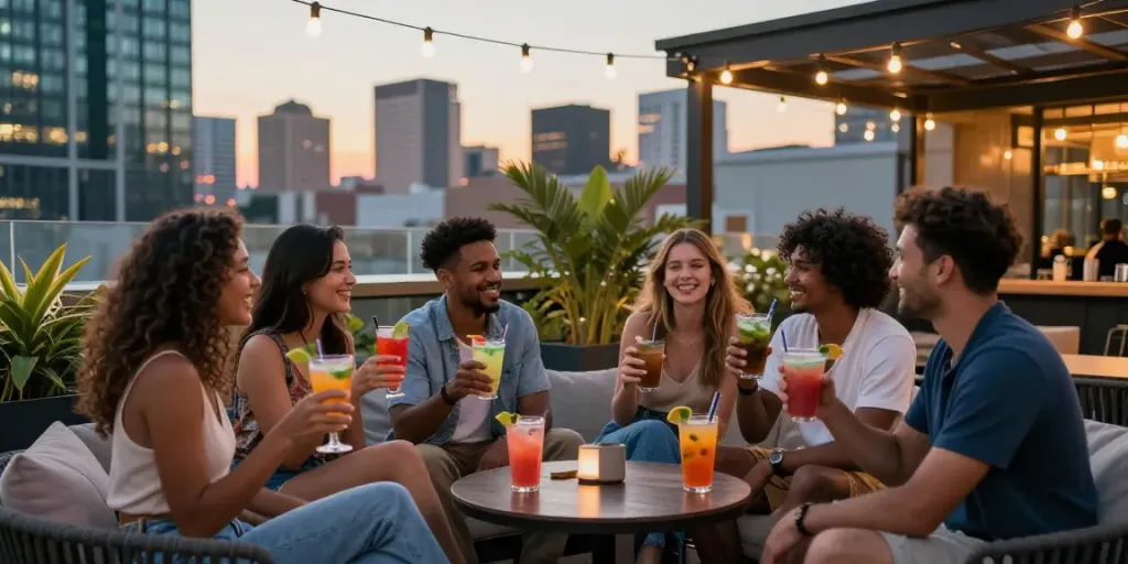 Group of friends enjoying drinks at a rooftop bar while discussing rokok88 super.