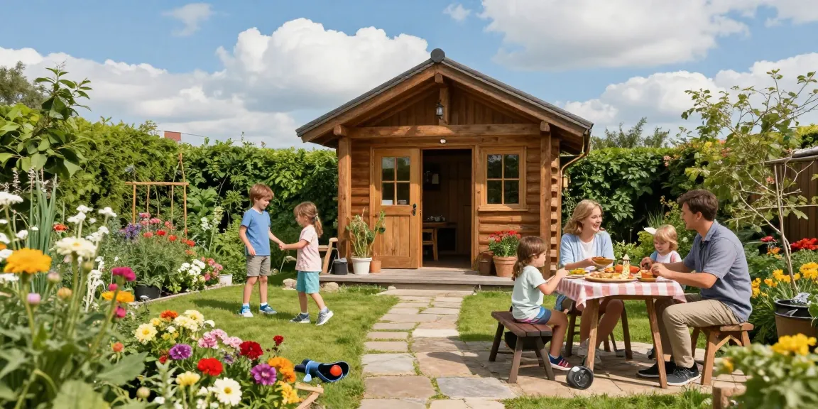 Attraktives Gartenhaus umgeben von bunten Blumen und spielenden Kindern im Garten.