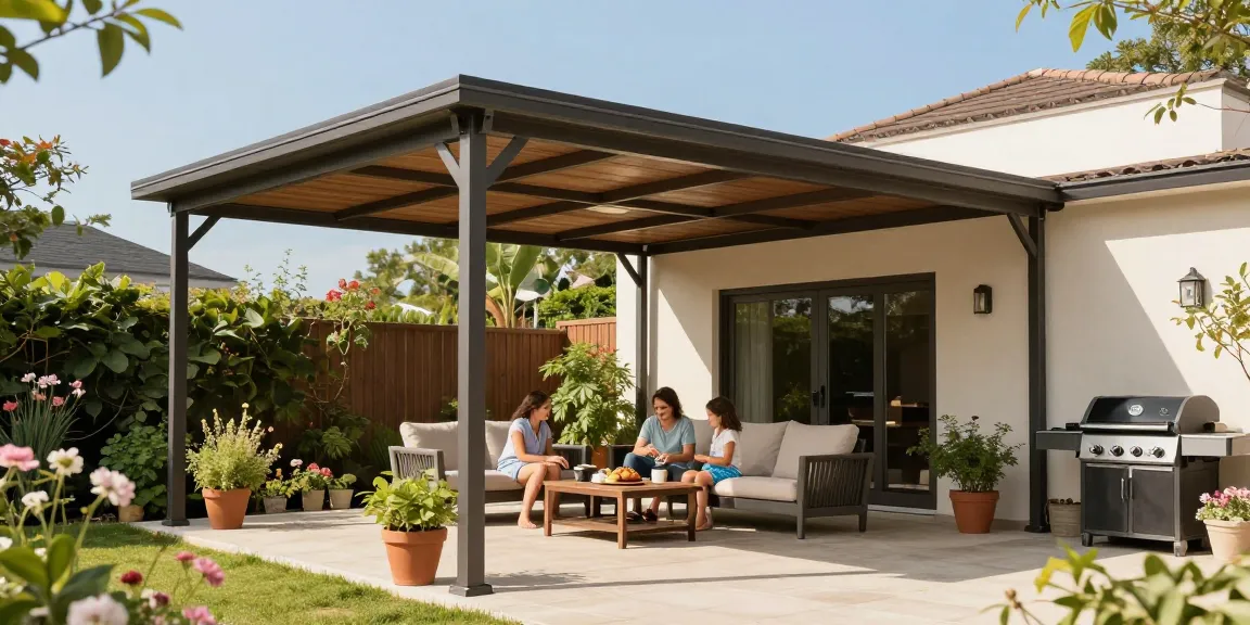 Familie entspannt unter einer freistehenden Terrassenüberdachung im Garten, komfortables Mobiliar und blühende Pflanzen umgeben sie.