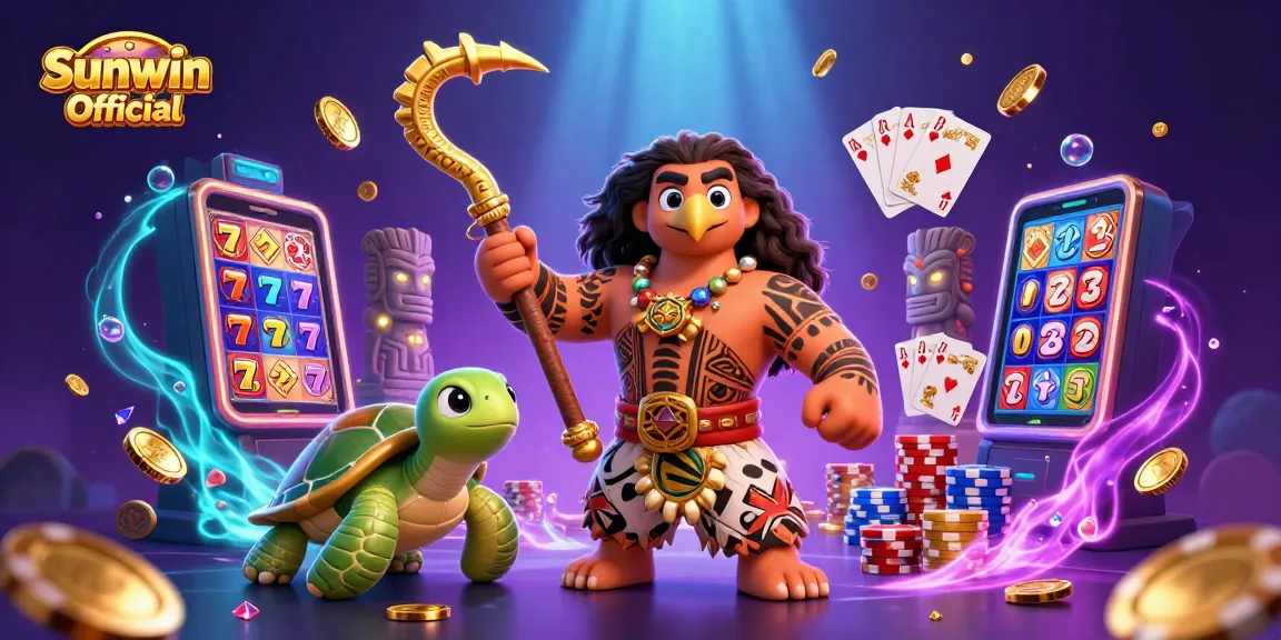 Engage with Sunwin Official's casino magic, featuring a vibrant scene of winning spins and treasures.